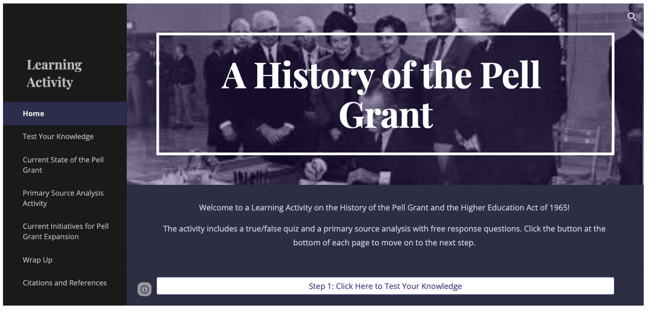 Screenshot of a student's homepage featuring a historical picture of the Pell Grant and navigation for the learning activity.