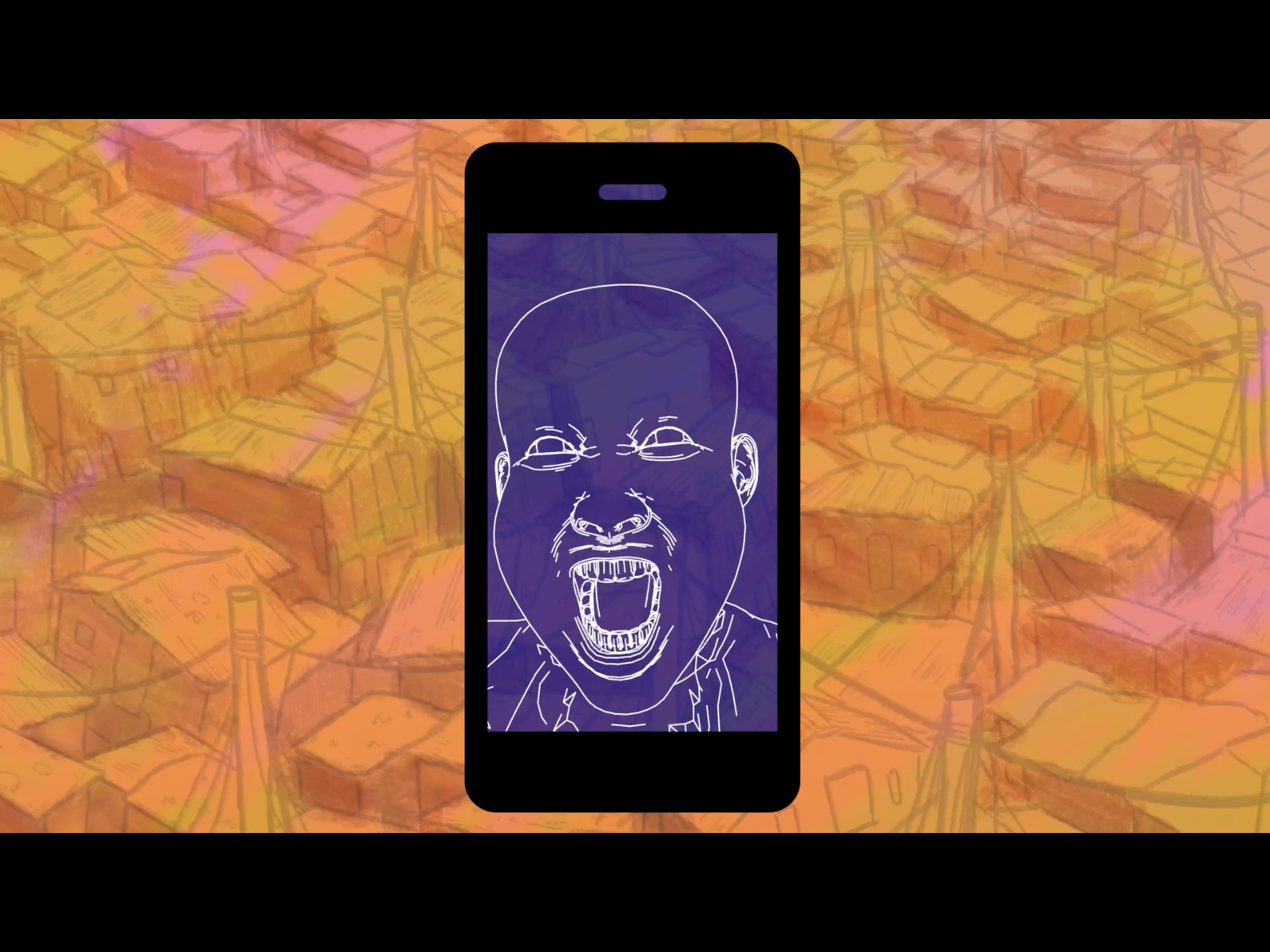 An EBC Host displayed on a mobile phone, in front of an orange drawing of Nsiitu slum