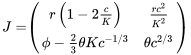 \begin{align*} J=&\left( \begin{array}{cc} r\left(1-2\frac{c}{K}\right) & \frac{rc^2}{K^2}\\ \phi-\frac{2}{3}\theta Kc^{-1/3} & \theta c^{2/3} \end{array} \right) \end{align*}