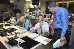 Staff at the NRC’s Operations Center check simulated plant conditions during an emergency preparedness exercise with Columbia nuclear power plant in Washington State.