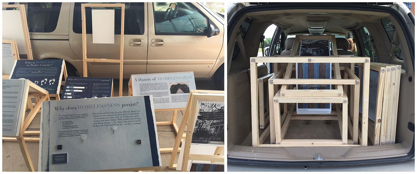 Wooden exhibit structures nestled, stacked, and loaded into a minivan.