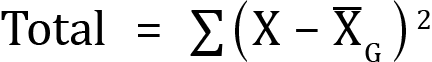 <mml:math xmlns:mml="http://www.w3.org/1998/Math/MathML" xmlns:m="http://schemas.openxmlformats.org/officeDocument/2006/math" display="block"><mml:mi mathvariant="normal">T</mml:mi><mml:mi mathvariant="normal">o</mml:mi><mml:mi mathvariant="normal">t</mml:mi><mml:mi mathvariant="normal">a</mml:mi><mml:mi mathvariant="normal">l</mml:mi><mml:mo>=</mml:mo><mml:mrow><mml:mo stretchy="false">∑</mml:mo><mml:mrow><mml:mo>(</mml:mo><mml:mi mathvariant="normal">X</mml:mi><mml:mo>-</mml:mo><mml:msub><mml:mrow><mml:mover accent="true"><mml:mrow><mml:mi mathvariant="normal">X</mml:mi></mml:mrow><mml:mo>-</mml:mo></mml:mover></mml:mrow><mml:mrow><mml:mi mathvariant="normal">G</mml:mi></mml:mrow></mml:msub><mml:msup><mml:mrow><mml:mo>)</mml:mo></mml:mrow><mml:mrow><mml:mn>2</mml:mn></mml:mrow></mml:msup></mml:mrow></mml:mrow></mml:math>