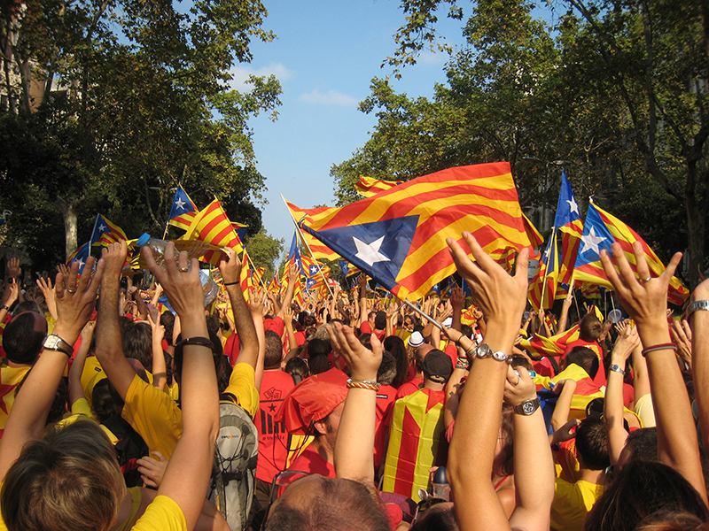 A crowd of people holding Catalan flags

