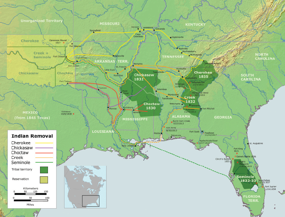 A map of the United States showing the southeast quarter of the country. On the map the paths of Indian Removal are shown. For “Cherokee” a path is drawn from a region labeled “Tribal territory Cherokee 1835” in the northwest corner of Georgia to a region labeled “Reservation” in “Unorganized Territory” to the west of Missouri. For “Chickasaw” a path is drawn from a region labeled “Tribal territory Chickasaw 1832” in the north half of Mississippi to a region labeled “Reservation” in “Unorganized Territory” to the west of Arkansas Territory. For “Choctaw” a path is drawn from a region labeled “Tribal territory Choctaw 1830” in the lower north half of Mississippi to a region labeled “Reservation” in “Unorganized Territory” to the west of Arkansas Territory. For “Creek” a path is drawn from a region labeled “Tribal territory Creek 1832” in the northeast of Alabama to a region labeled “Reservation” in “Unorganized Territory” to the west of Arkansas Territory. For “Seminole” a path is drawn from a region labeled “Tribal territory Seminole 1832-33” in the south of Florida Territory to a region labeled “Reservation” in “Unorganized Territory” to the west of Arkansas Territory.