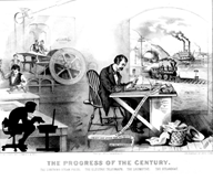 Student sitting at a desk working on a computer has been added to a Currier and Ives’ print showing technological progress.