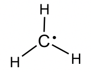 Carbon has one electron and is surrounded by three hydrogen atoms which each have a bond pair with it