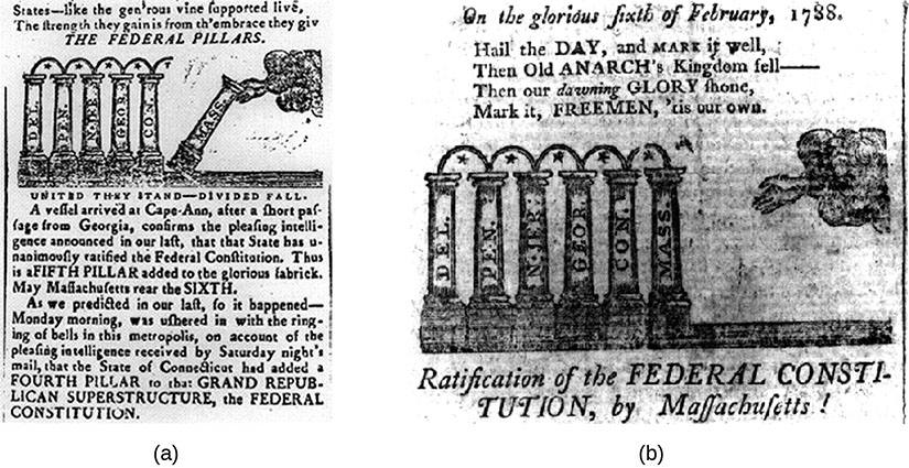 Political cartoon from the Massachusetts Sentinel cartoon that (a) encourages the state’s voters to join Georgia and neighboring Connecticut in ratifying the Constitution, and a newspaper drawing depicting Massachusetts becoming the sixth member of the union.   