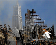 A medieval peasant plants a flower in the rubble of the World Trade Center after 9-11 bombing.