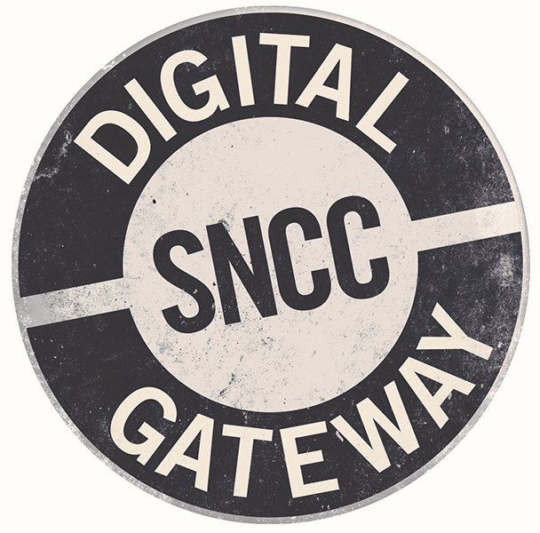 Blue and white circular button with the words “SNCC Digital Gateway”.