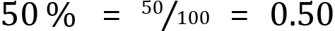 <mml:math xmlns:mml="http://www.w3.org/1998/Math/MathML" xmlns:m="http://schemas.openxmlformats.org/officeDocument/2006/math" display="block"><mml:mn>50</mml:mn><mml:mi>%</mml:mi><mml:mo>=</mml:mo><mml:mfrac bevelled="true"><mml:mrow><mml:mn>50</mml:mn></mml:mrow><mml:mrow><mml:mn>100</mml:mn></mml:mrow></mml:mfrac><mml:mo>=</mml:mo><mml:mn>0.50</mml:mn></mml:math>
