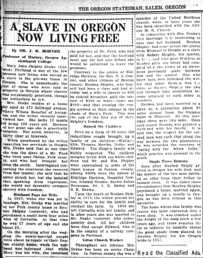 A screenshot of the February 2nd, 1924 edition of the Oregon Statesman newspaper. At the upper right in bold text reads the title: A Slave in Oregon Now Living Free.