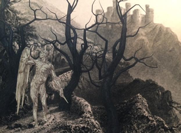 A man who has taken off his own skin stands on a path in front of bare trees. A castle is in the background.