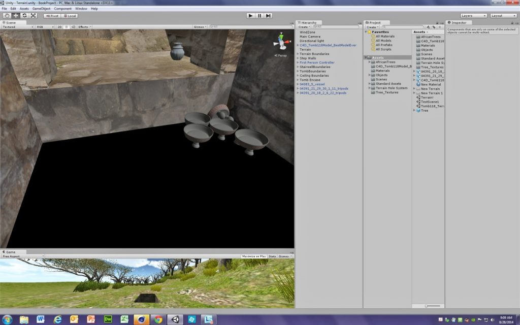 Fig. 6 – Screengrab showing the Unity game engine, with several panes open – at the top, the interior of a structure, with several vessels visible. 