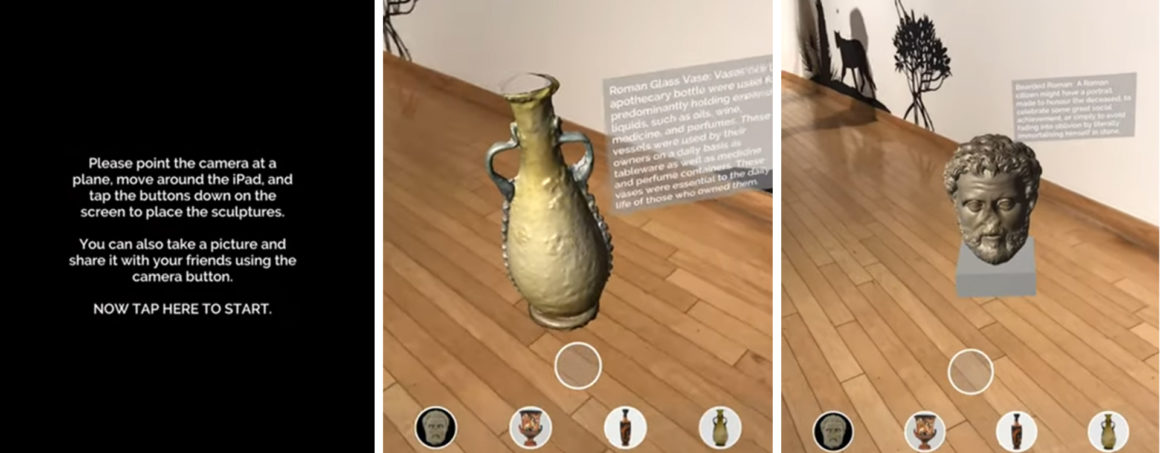 Three panes representing the user perspective of using the augmented reality application including instructions, digital model placed on ground and annotations.