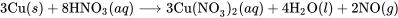 3\text{Cu}(s) + 8\text{HNO}_3(aq) \longrightarrow 3\text{Cu(NO}_3)_2(aq) + 4\text{H}_2 \text{O}(l) + 2\text{NO}(g)