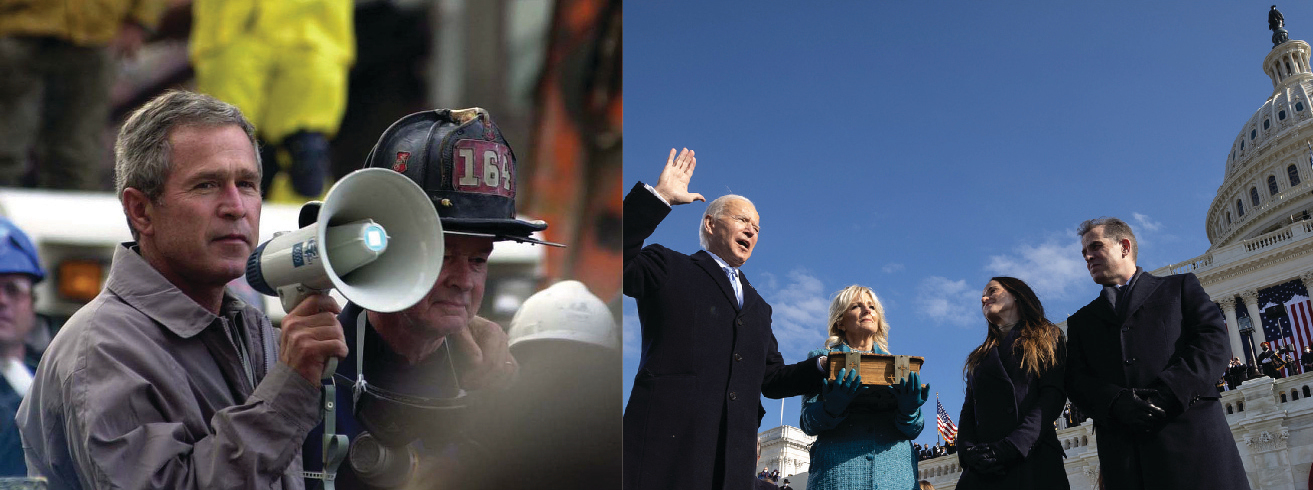 A photograph of George W. Bush speaking into a bullhorn, with his arm around the shoulder of a firefighter standing next to him. A photograph of Joe Biden being sworn in as president during his inauguration. His spouse holds the Bible he swears upon, and his adult children stand next to him. The capitol building is in the background.