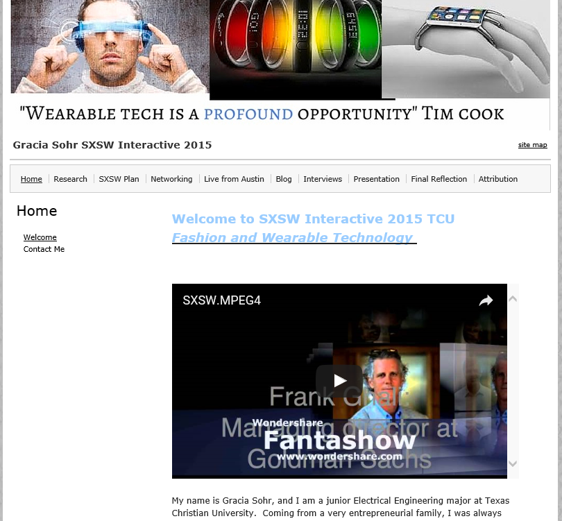 SXSW INTERACTIVE TCU: Portfolio by Gracia Sohr showing homepage dedicated to fashion and wearable technology.