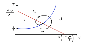A hand-drawn phase portrait. T is on the vertical axis with no numeric values and V is on the horizontal axis with no numeric values. A red line starts at T=(p-mu)/beta and V=0 and decreases until hitting T=0 at V=K(1-mu/beta). A blue curve starts at T=s/delta and V=0, is initially flat but then rapidly increases. One trajectory is shown spinning anti-clockwise into the central equilibrium.