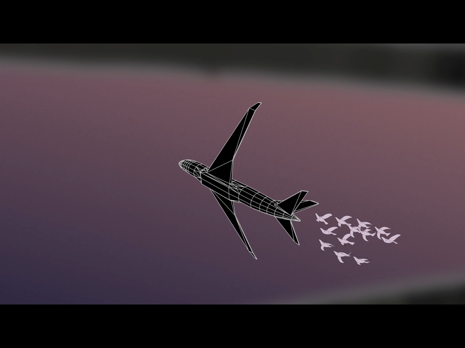 A flying plane followed by a flock of birds. 
