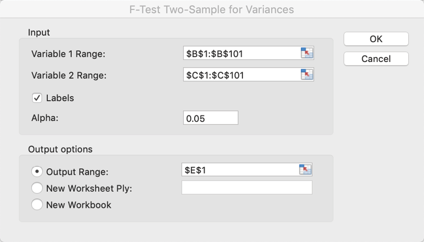 Input window for F-Test Two-Sample for Variances