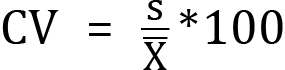 <mml:math xmlns:mml="http://www.w3.org/1998/Math/MathML" xmlns:m="http://schemas.openxmlformats.org/officeDocument/2006/math" display="block"><mml:mi mathvariant="normal">C</mml:mi><mml:mi mathvariant="normal">V</mml:mi><mml:mo>=</mml:mo><mml:mfrac><mml:mrow><mml:mi mathvariant="normal">s</mml:mi></mml:mrow><mml:mrow><mml:mover accent="true"><mml:mrow><mml:mi mathvariant="normal">X</mml:mi></mml:mrow><mml:mo>-</mml:mo></mml:mover></mml:mrow></mml:mfrac><mml:mi mathvariant="normal">*</mml:mi><mml:mn>10</mml:mn><mml:mn>0</mml:mn></mml:math>