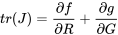 tr(J) = \frac{\partial f}{\partial R} + \frac{\partial g}{\partial G}