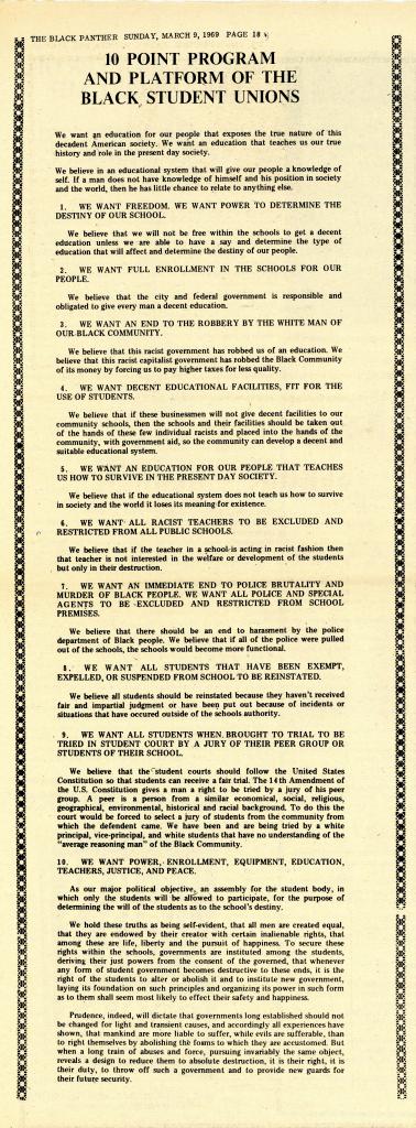 1966 newspaper of the Black Panther 10 Point Plan.