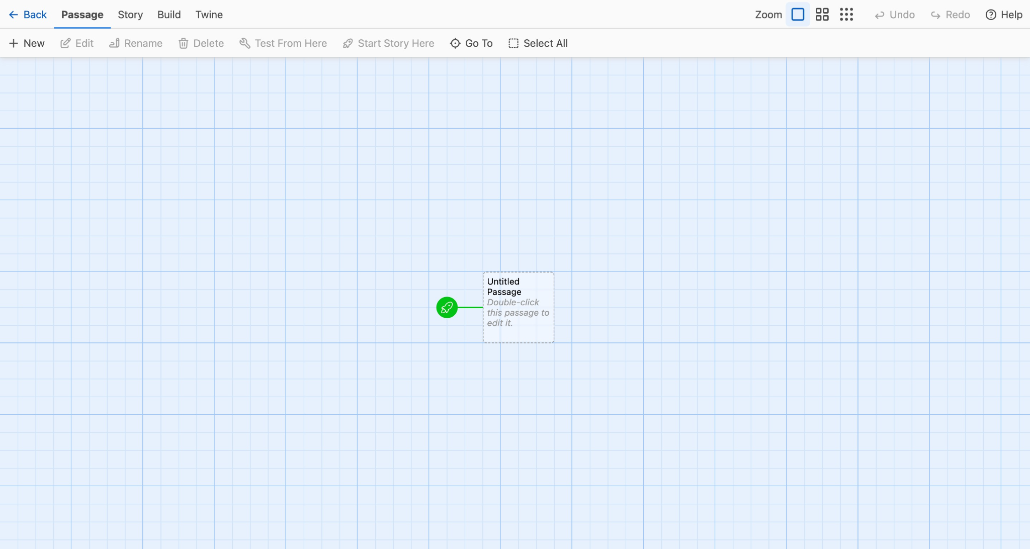 Screenshot of the story editor, which shows a sample passage in the center of a grid-patterned area. An editing menu is located above the map.