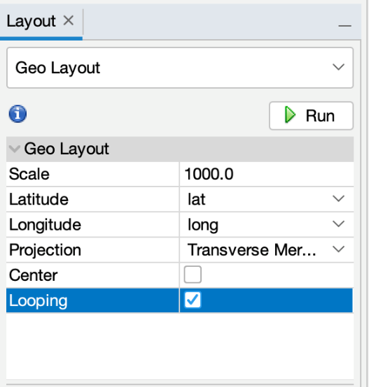 A screenshot of the geo layout settings, includes information on scale (1000.0), Latitude (lat), Longitude (long), Projection (Traverse mercator projection), Center (unchecked), and Looping (checked). 