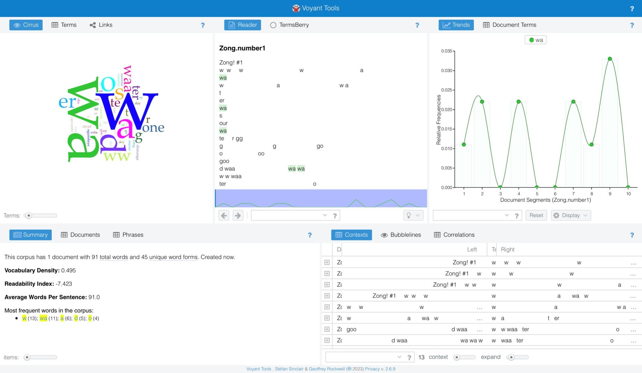 Screenshot of visualization windows of the corpus in Voyant Tools. Many different visualization panes including a wordcloud, a line graph, and keywords in their contexts. All visualizing Zong! #1.