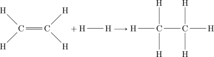 \begin{equation*} \chemfig{C(-[:-135]H)(-[:135]H)=C(-[:-45]H)(-[:45]H)}+\chemfig{H-H}\longrightarrow \chemfig{H-C(-[:90]H)(-[:-90]H)-C(-[:90]H)(-[:-90]H)-H} \end{equation*}