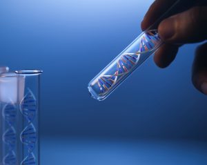 A close-up of a test tube containing a model of a double helix.