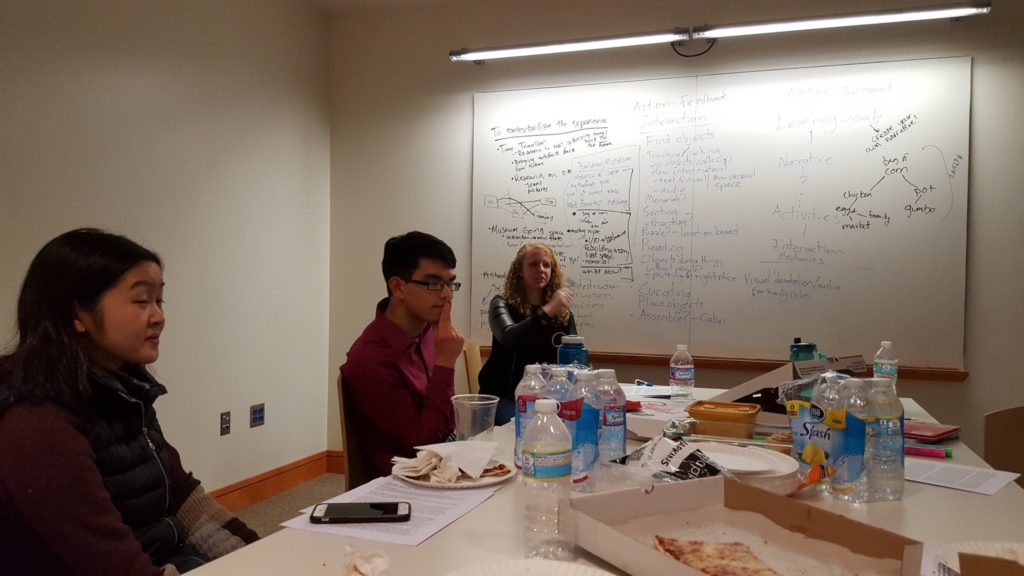 Students on the GCIEL development team discuss the Uncle Sam Plantation VR project.