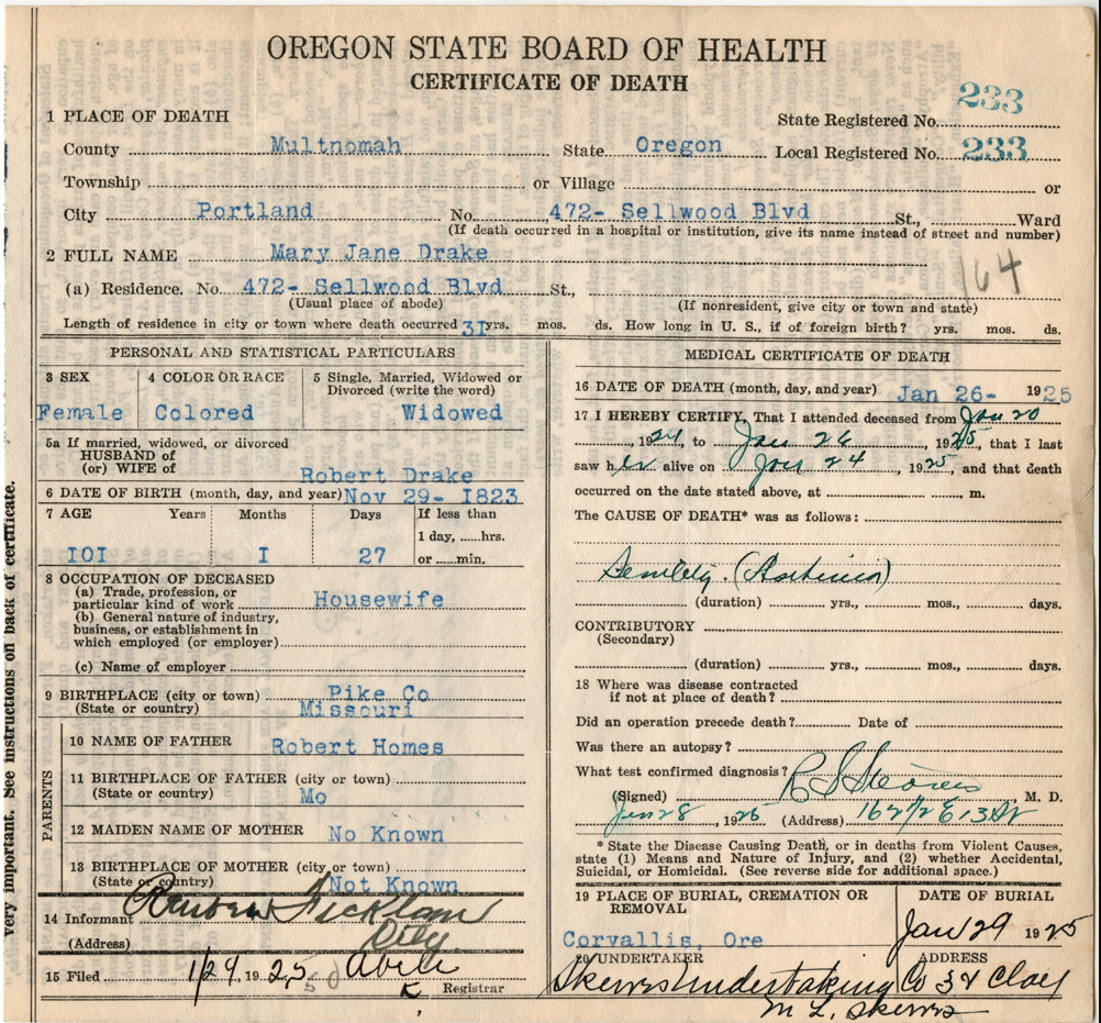 Oregon Death Certificate of Mary Jane Holmes Shipley Drake.