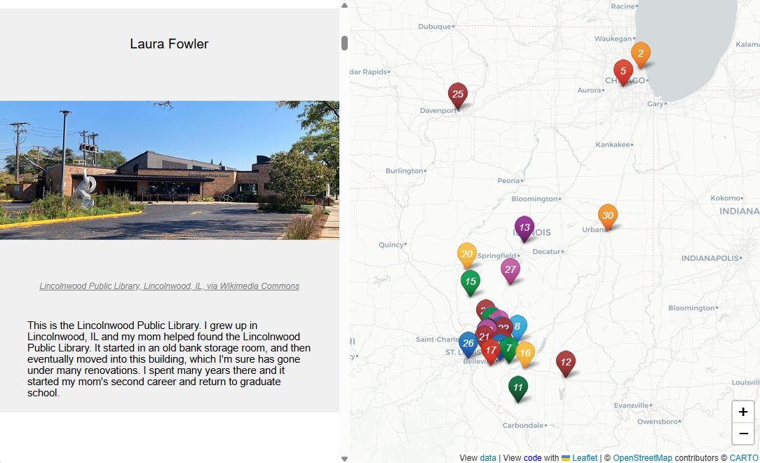 Left: a scrolling text panel displays Fowler's example entry with an image and description of a library in her hometown of Lincolnwood, IL. Right: a map displays about 30 pins clustered predominantly in southern Illinois.