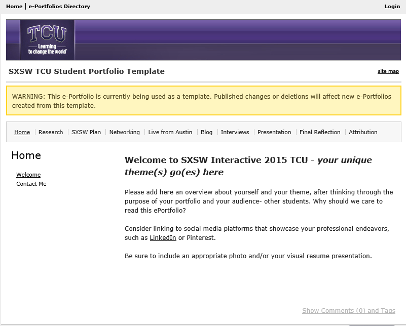 SXSW INTERACTIVE TCU: Template Portfolio for Students showing prompts for the homepage.