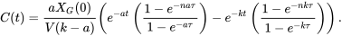 \begin{equation} C(t)=\frac{aX_G(0)}{V(k-a)}\left(e^{-at}\left(\frac{1-e^{-na\tau}}{1-e^{-a\tau}}\right)-e^{-kt}\left(\frac{1-e^{-nk\tau}}{1-e^{-k\tau}}\right)\right). \end{equation}