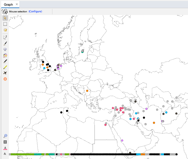 A screenshot of the graph, featuring a series of various colored dots against the outlined map of countries and a long line of dots at the bottom of the map.