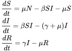 \begin{align} &\frac{dS}{dt} = \mu N - \beta SI - \mu S\\ &\frac{dI}{dt} = \beta SI - (\gamma +\mu)I\\ &\frac{dR}{dt} = \gamma I-\mu R \end{align}