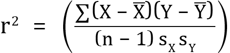 <mml:math xmlns:mml="http://www.w3.org/1998/Math/MathML" xmlns:m="http://schemas.openxmlformats.org/officeDocument/2006/math" display="block"><mml:msup><mml:mrow><mml:mi mathvariant="normal">r</mml:mi></mml:mrow><mml:mrow><mml:mn>2</mml:mn></mml:mrow></mml:msup><mml:mo>=</mml:mo><mml:mfenced separators="|"><mml:mrow><mml:mfrac><mml:mrow><mml:mrow><mml:mo stretchy="false">∑</mml:mo><mml:mrow><mml:mfenced separators="|"><mml:mrow><mml:mi mathvariant="normal">X</mml:mi><mml:mo>-</mml:mo><mml:mover accent="true"><mml:mrow><mml:mi mathvariant="normal">X</mml:mi></mml:mrow><mml:mo>-</mml:mo></mml:mover></mml:mrow></mml:mfenced></mml:mrow></mml:mrow><mml:mfenced separators="|"><mml:mrow><mml:mi mathvariant="normal">Y</mml:mi><mml:mo>-</mml:mo><mml:mover accent="true"><mml:mrow><mml:mi mathvariant="normal">Y</mml:mi></mml:mrow><mml:mo>-</mml:mo></mml:mover></mml:mrow></mml:mfenced></mml:mrow><mml:mrow><mml:mfenced separators="|"><mml:mrow><mml:mi mathvariant="normal">n</mml:mi><mml:mo>-</mml:mo><mml:mn>1</mml:mn></mml:mrow></mml:mfenced><mml:msub><mml:mrow><mml:mi mathvariant="normal">s</mml:mi></mml:mrow><mml:mrow><mml:mi mathvariant="normal">X</mml:mi></mml:mrow></mml:msub><mml:msub><mml:mrow><mml:mi mathvariant="normal">s</mml:mi></mml:mrow><mml:mrow><mml:mi mathvariant="normal">Y</mml:mi></mml:mrow></mml:msub></mml:mrow></mml:mfrac></mml:mrow></mml:mfenced></mml:math>