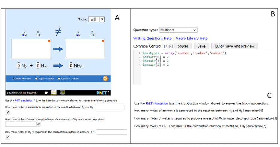 An example of an online chemistry question created with the program MyOpenMath. The image shows the question as students see it and as it appears with HTML code as a professor creates it.
