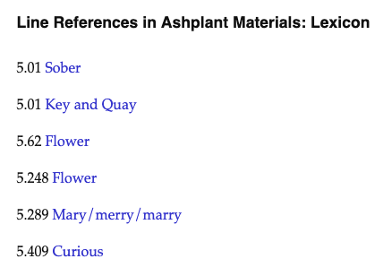 A screenshot of an index of line references from Ashplant, showing a machine-generated list of references from Episode Five of Ulysses.