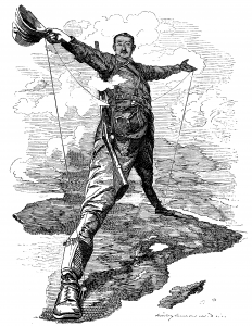 Black-and-white sketched cartoon of European colonist standing on Africa with his legs and arms spread out. His stance and his hat in his hands mimics the victory of Cecil John Rhodes, the man pictured, when he announced plans for a telegraph line and railroad.