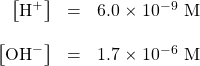 \begin{array}{rcl} \left[\ce{H+}\right]&=&6.0\times 10^{-9}\text{ M} \\ \\ \left[\ce{OH-}\right]&=&1.7\times 10^{-6}\text{ M} \end{array}