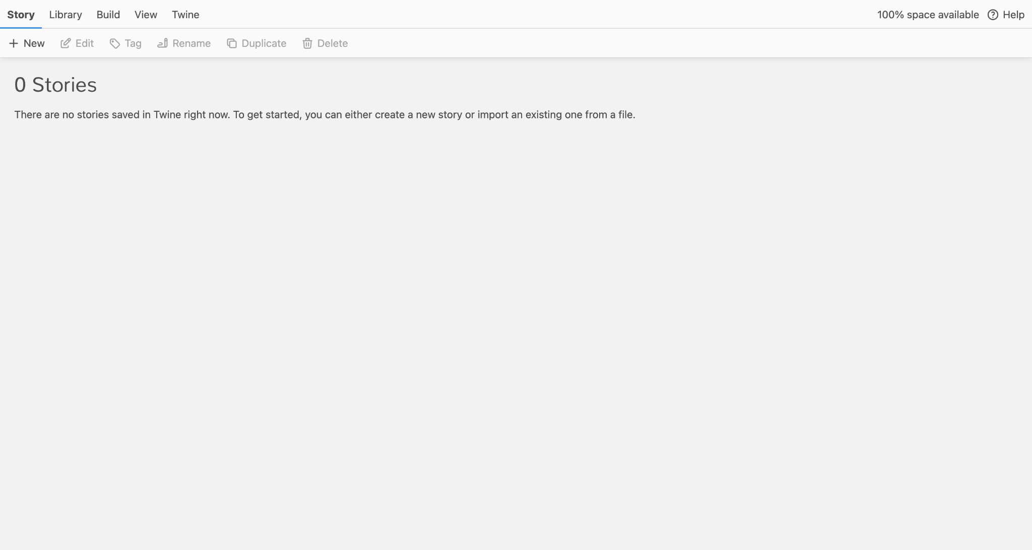 Screenshot of the dashboard in the Twine desktop app, whose interface is identical to the Twine browser editor.