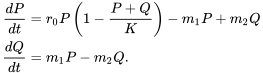 \begin{align*} \frac{dP}{dt}&=r_0P\left(1-\frac{P+Q}{K}\right)-m_1P+m_2Q\\ \frac{dQ}{dt}&=m_1P-m_2Q. \end{align*}