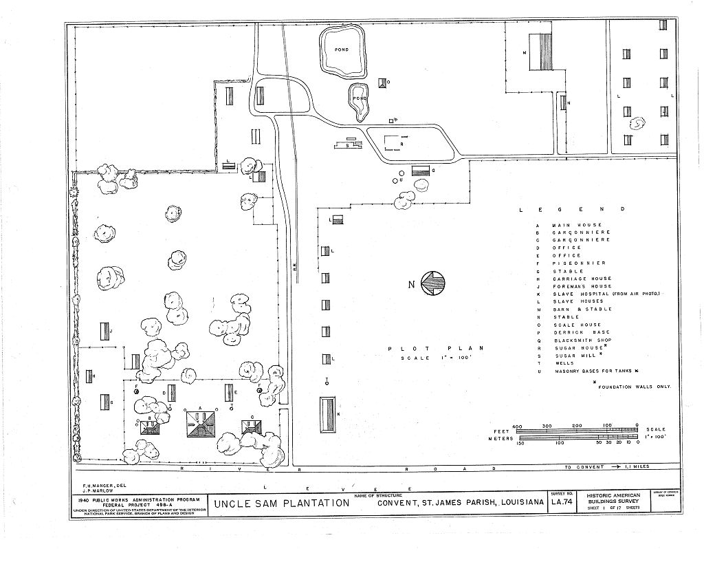 Plot plan of the Uncle Sam Plantation made by the Historic American Buildings Survey (HABS) in 1940.