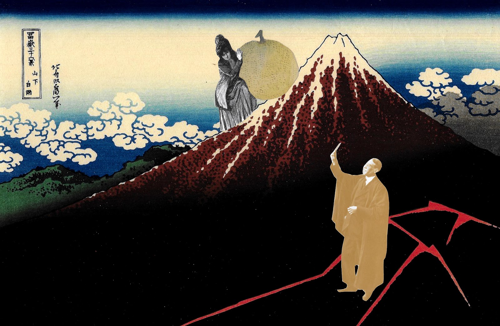 Female suffragette rolling a piece of Yuzu fruit up Mt. Fuji. Disinterested male professor looks at his cell phone. 