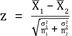 <mml:math xmlns:mml="http://www.w3.org/1998/Math/MathML" xmlns:m="http://schemas.openxmlformats.org/officeDocument/2006/math" display="block"><mml:mi mathvariant="normal">z</mml:mi><mml:mo>=</mml:mo><mml:mfrac><mml:mrow><mml:msub><mml:mrow><mml:mover accent="true"><mml:mrow><mml:mi mathvariant="normal">X</mml:mi></mml:mrow><mml:mo>-</mml:mo></mml:mover></mml:mrow><mml:mrow><mml:mn>1</mml:mn></mml:mrow></mml:msub><mml:mo>-</mml:mo><mml:msub><mml:mrow><mml:mover accent="true"><mml:mrow><mml:mi mathvariant="normal">X</mml:mi></mml:mrow><mml:mo>-</mml:mo></mml:mover></mml:mrow><mml:mrow><mml:mn>2</mml:mn></mml:mrow></mml:msub></mml:mrow><mml:mrow><mml:msqrt><mml:mfrac><mml:mrow><mml:msubsup><mml:mrow><mml:mi mathvariant="normal">σ</mml:mi></mml:mrow><mml:mrow><mml:mn>1</mml:mn></mml:mrow><mml:mrow><mml:mn>2</mml:mn></mml:mrow></mml:msubsup></mml:mrow><mml:mrow><mml:msub><mml:mrow><mml:mi mathvariant="normal">n</mml:mi></mml:mrow><mml:mrow><mml:mn>1</mml:mn></mml:mrow></mml:msub></mml:mrow></mml:mfrac><mml:mo>+</mml:mo><mml:mfrac><mml:mrow><mml:msubsup><mml:mrow><mml:mi mathvariant="normal">σ</mml:mi></mml:mrow><mml:mrow><mml:mn>2</mml:mn></mml:mrow><mml:mrow><mml:mn>2</mml:mn></mml:mrow></mml:msubsup></mml:mrow><mml:mrow><mml:msub><mml:mrow><mml:mi mathvariant="normal">n</mml:mi></mml:mrow><mml:mrow><mml:mn>2</mml:mn></mml:mrow></mml:msub></mml:mrow></mml:mfrac></mml:msqrt></mml:mrow></mml:mfrac></mml:math>