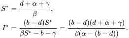\begin{align} S^*&=\frac{d+\alpha+\gamma}{\beta},\\ I^*&=\frac{(b-d)S^* }{\beta S^*-b-\gamma}=\frac{(b-d)(d+\alpha+\gamma)}{\beta(\alpha-(b-d))}. \end{align}